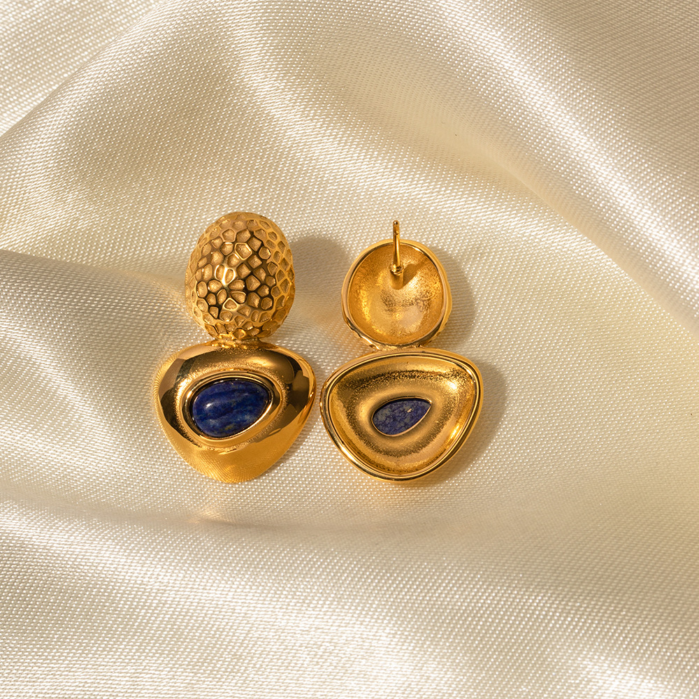 Fashionable 18k Gold Stainless Steel Earrings for Women's Lapis Lazuli Oval Hammer Pattern Connection Triangle Banquet Party Designer Earrings