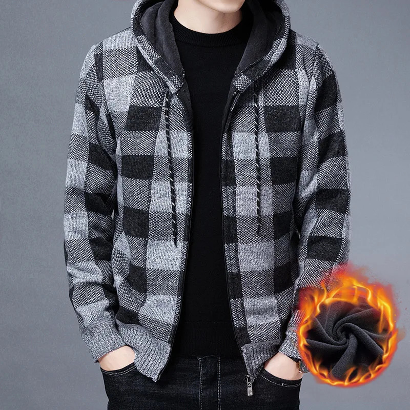 Mens sweater jacket fashionable winter coat wool hoodie high-quality plaid hoodie knitted cardigan wool sweater mens coat 241108