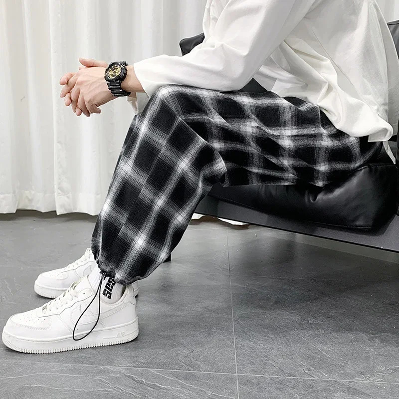 Mens Plaid Pants Summer Cotton Casual Losse Hip Hop Baggy Sweatpants Fashion Streetwear Korean Style Harem 240411 - view 6