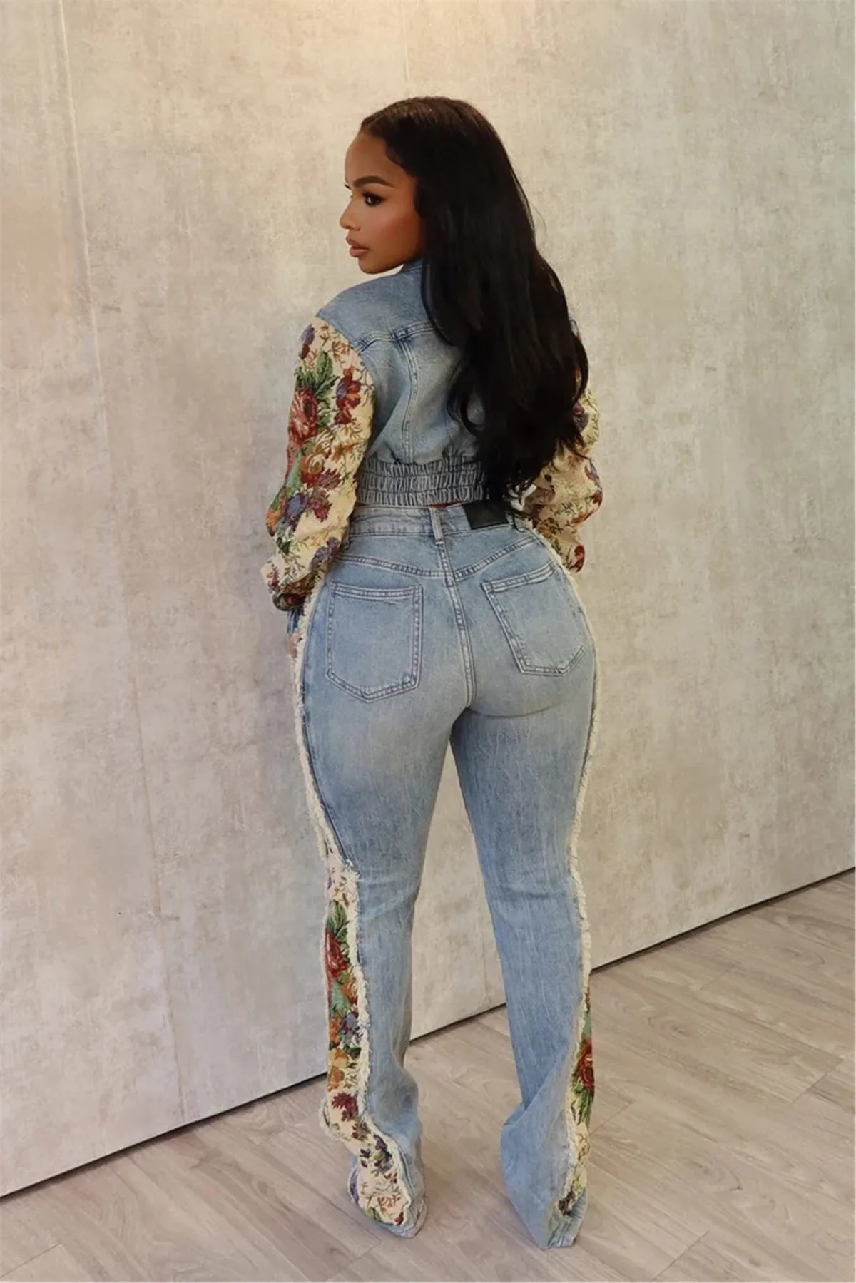 Denim Outfit Women Floral Patchwork Full Sleeve Button Fly Cropped Jacket Ripped Jeans Pants Two Piece Set Streetwear Trackuit 241111