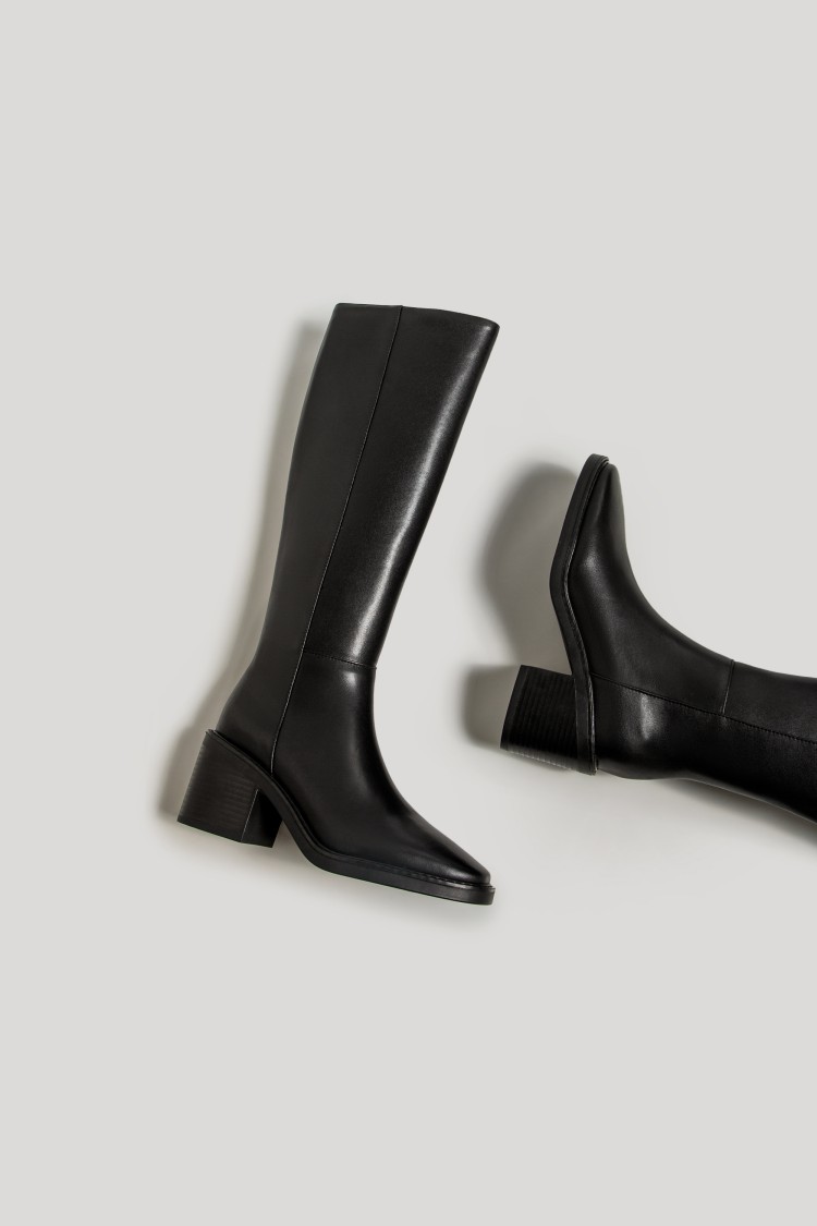 Leather Tall Women Thick Heels Knee High Boots Autumn Winter Warm Ladies Long Shoes Black Elegant Designer