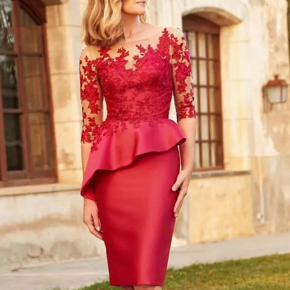 Elegant Knee Length Sheath Mother Of The Bride Dresses With Half Sleeves Lace Appliques Short Chic Wedding Guest Dress Satin Simple Groom Mom Prom Par