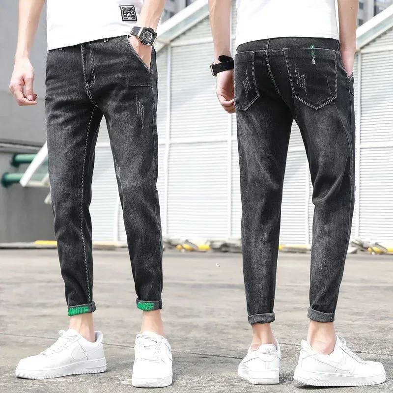 Mens elastic lightweight blue mens jeans stretch Trouser ultra-thin slim fit tight tube cutting trend Korean style 241108