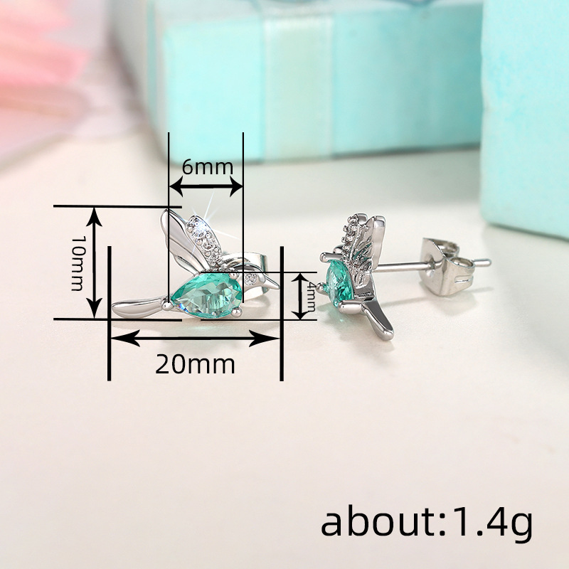 Earrings s925 sterling silver simple hummingbird Stud women light green teardrop-shaped diamond Stud earrings white crystal party Stud luxury jewelry