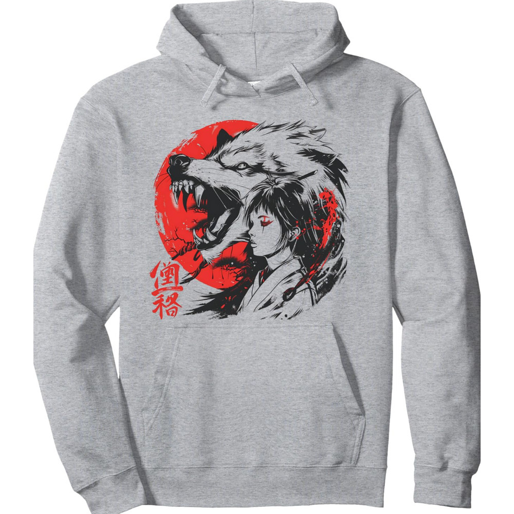 Hoodie for Mens Womens Japanese Anime Wolf Girl Red Sun Graphic Design Pullover Hoodie Graphic Hoodies sweatshirt