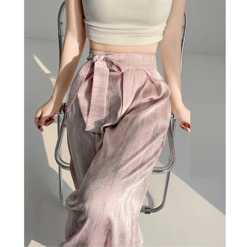 Women Satin Vintage Laceup Elegant Wide Leg Pants Y2K Female Chic High Waist Loose Straight Trousers Pantalones 241108