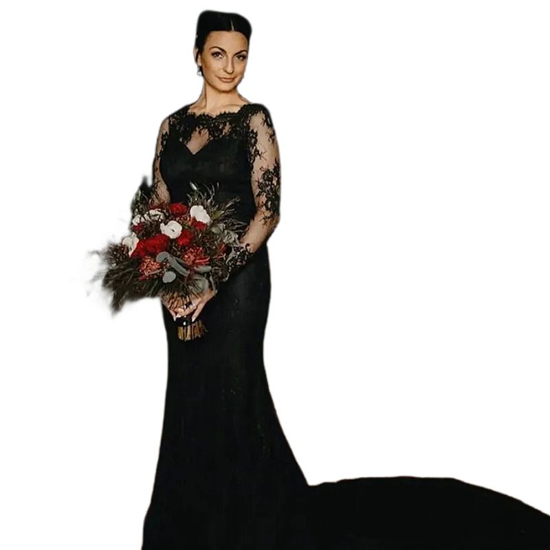 Gothic Black Lace Wedding Dress Long Sleeves Mermaid Bridal Gown Sheer Bateau Neck Elegant Country Bride Dresses 2024 Spring Summer