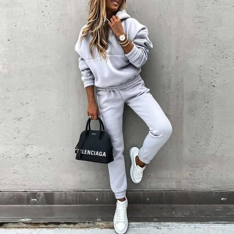 Hoodies Suit Autumn Winter Solid Casual Tracksuit Women Fleece 2 Pieces Set Sports Sweatshirts Pullover Home Sweatpants Outfits 241111