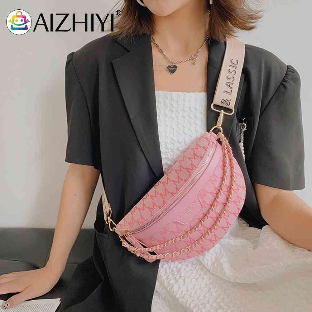 Vintage Shoulder Bag Printed Letter Women Saddle Waist Bag Canvas Phone Pouch Chains Ladies Wide Strap for Travel Work Hot-sale