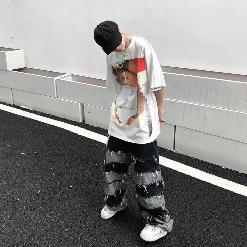 Mens oversized retro patch work style hip-hop wide leg denim pants with torn pockets Distressed jeans Y2K Grunge mens streetwear 241108