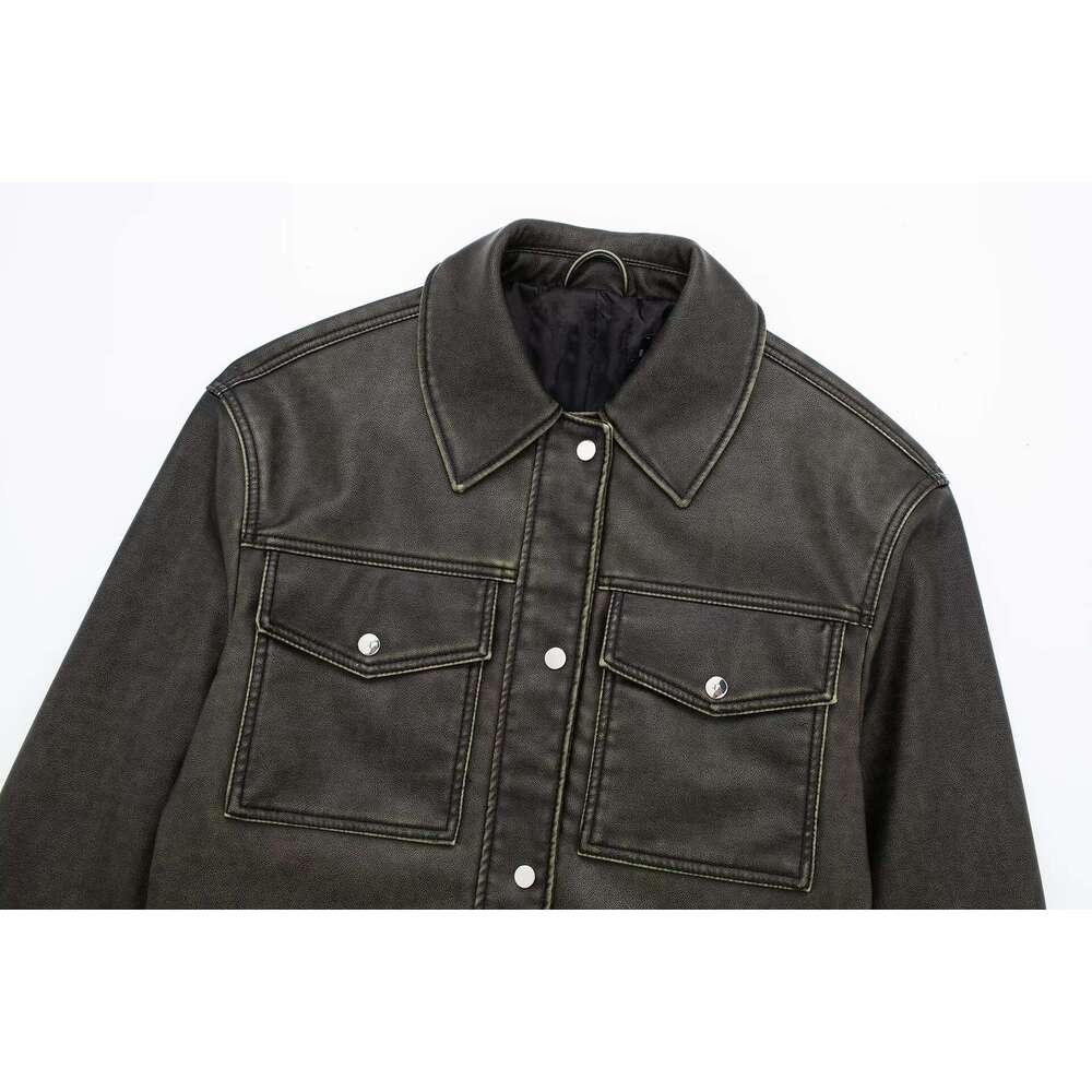 shanshi leather jacket women Wind new women's lapel pocket single breasted faux leather short jacket jacket facing
