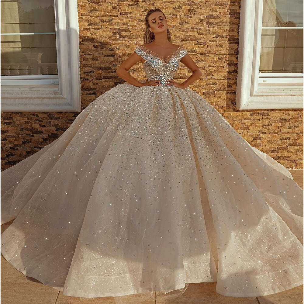 STEVDITG Wedding Exquisite Cap Straps V-neck Crystal Sequined Sweep Train Ball Gown Elegant Custom Bride Dress