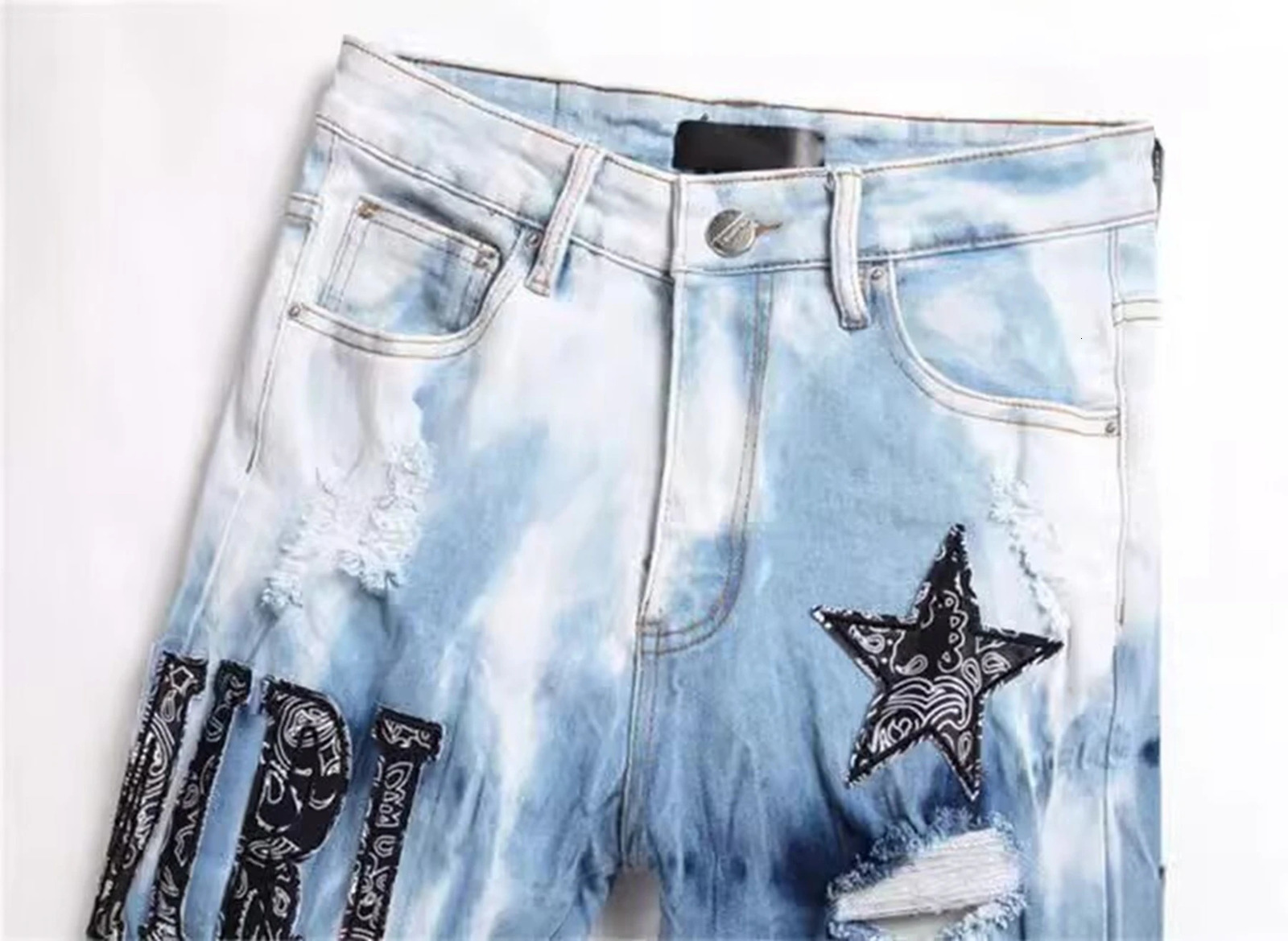 Y2K celebrity embroidered ripped jeans tie dyed light blue cotton stretch streetwear fashion mens tight denim pants 241108