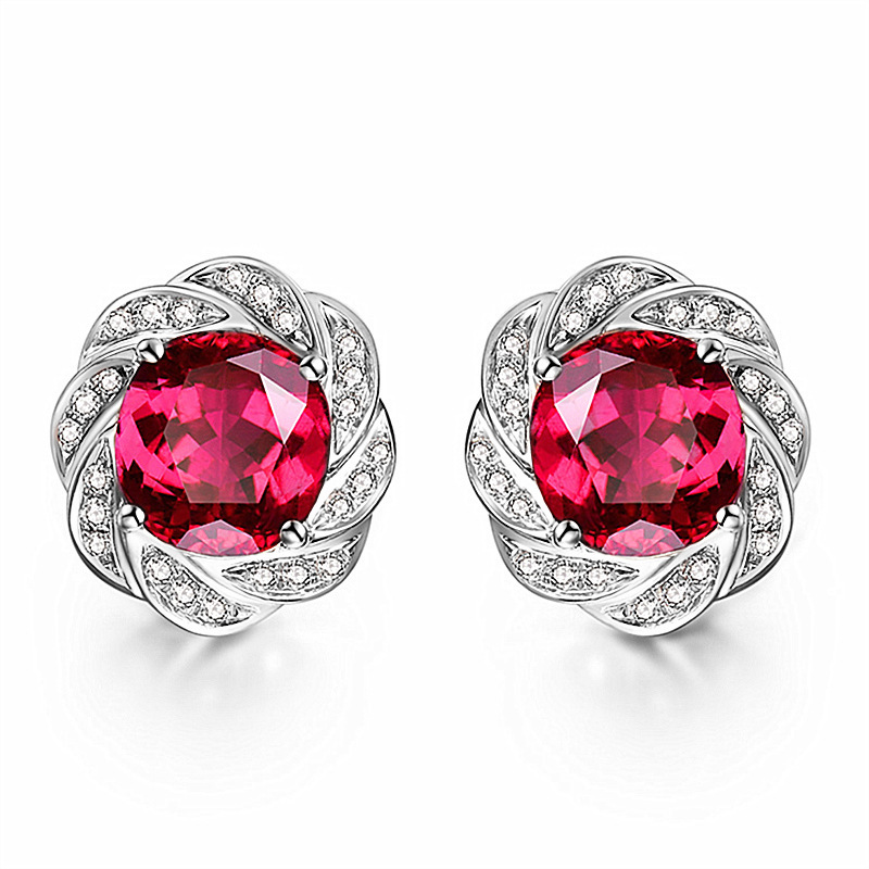 Cute Garnet cz Stud Earring 100% Real 925 sterling silver Jewelry Engagement Wedding Earrings for Women Bridal Gift