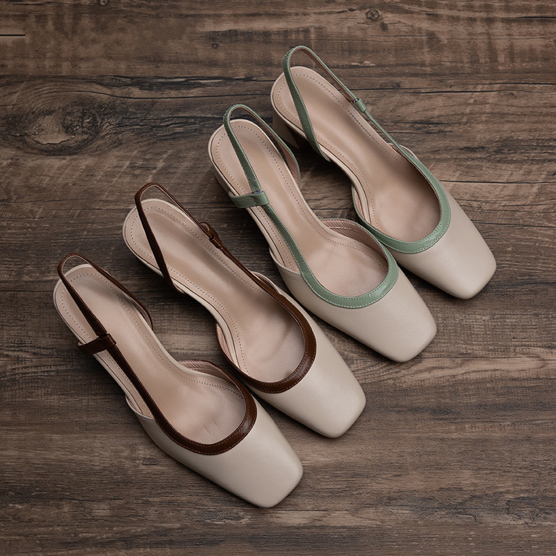 Women's Dress Shoes:Chunky Heel Square Toe Sandals Shallow High Heel Versatile Fashion Casual,Green/Brown,Free shipping