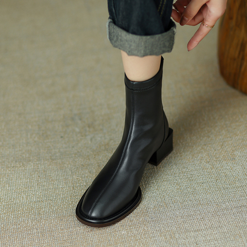 Chunky Heel Short Boots: Winter Retro Round Toe Comfort Versatile Boots for Women, Black/Grey 7b3b