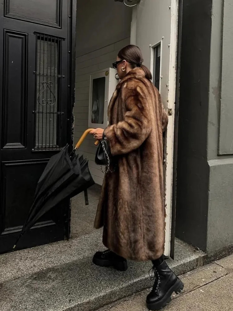 Womens Retro Faux Fur Coat Fashion Collar Single Chest Long Sleeve Pocket Jacket Winter Plush Warm Street Coat 241108