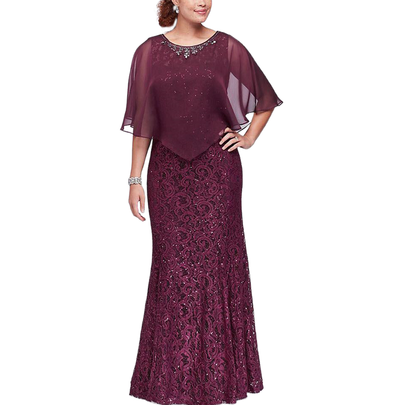 Elegant Burgundy Lace Long Mother Of The Bride Dresses Jewel Neck Cap Sleeves Plus Size Groom Mom Formal Wear Beaded Floor Length Chic Wedding Guest D