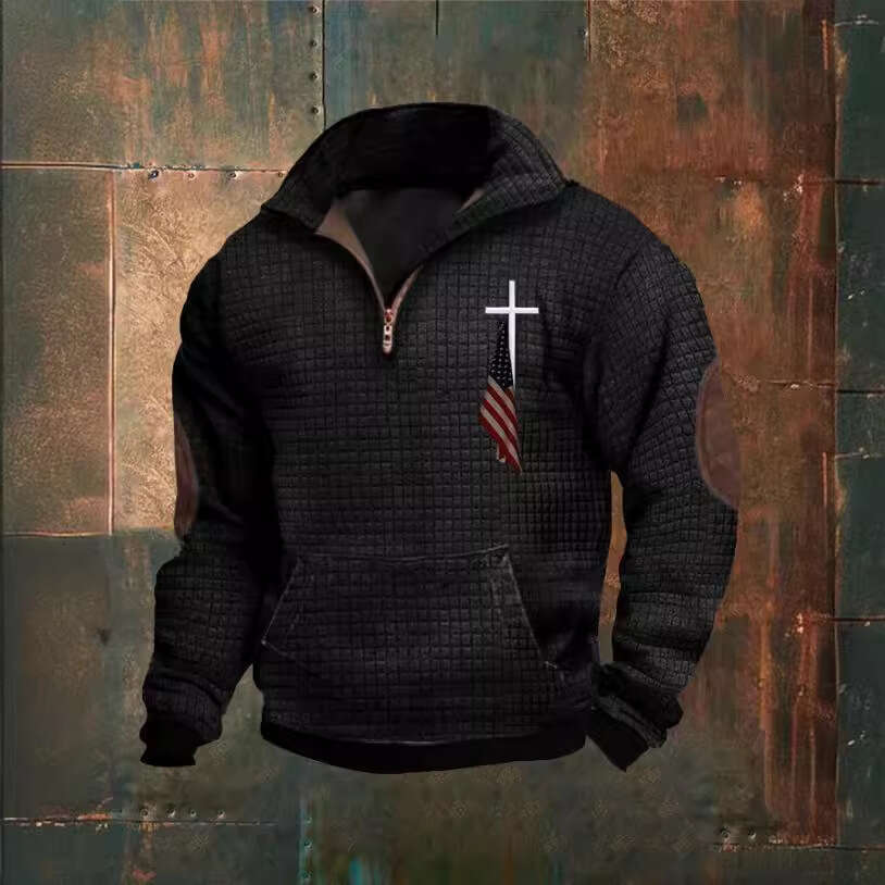 2023 Men's Casual Fashion Zipper Collar Waffle Printed Hoodie