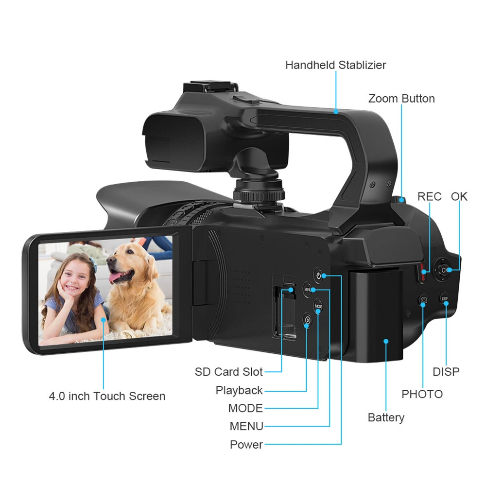 4K Camcorder Digital Video Camera For Live Stream WiFi Webcam 18X 64MP Vlog Recorder 4 Inch Rotate Screen 240407