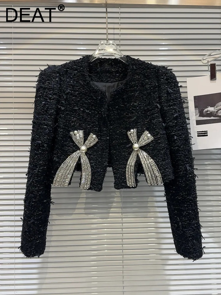 DEAT Fashion Womens Daimonds Bows Shoulder Pad Tweed Caots Autumn Items Oneck Long Sleeves Jackets Female 11XX6643 241111