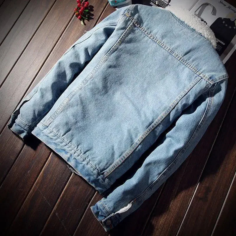 Winter wool lined denim jacket mens weight loss cotton jacket with thickened wool lining at the top for casual scenes 241108