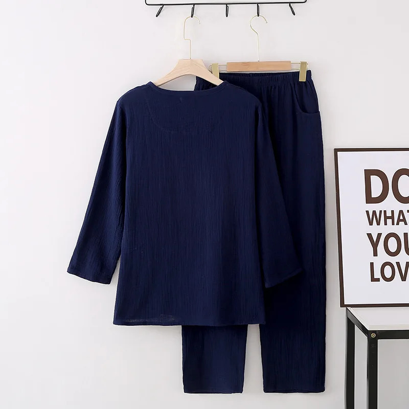 Cotton Crepe Roundneck Pajamas Suit Men Autumn Thin Gauze Plus Size Longsleeved Trousers Korean Leisure Home Service 241111