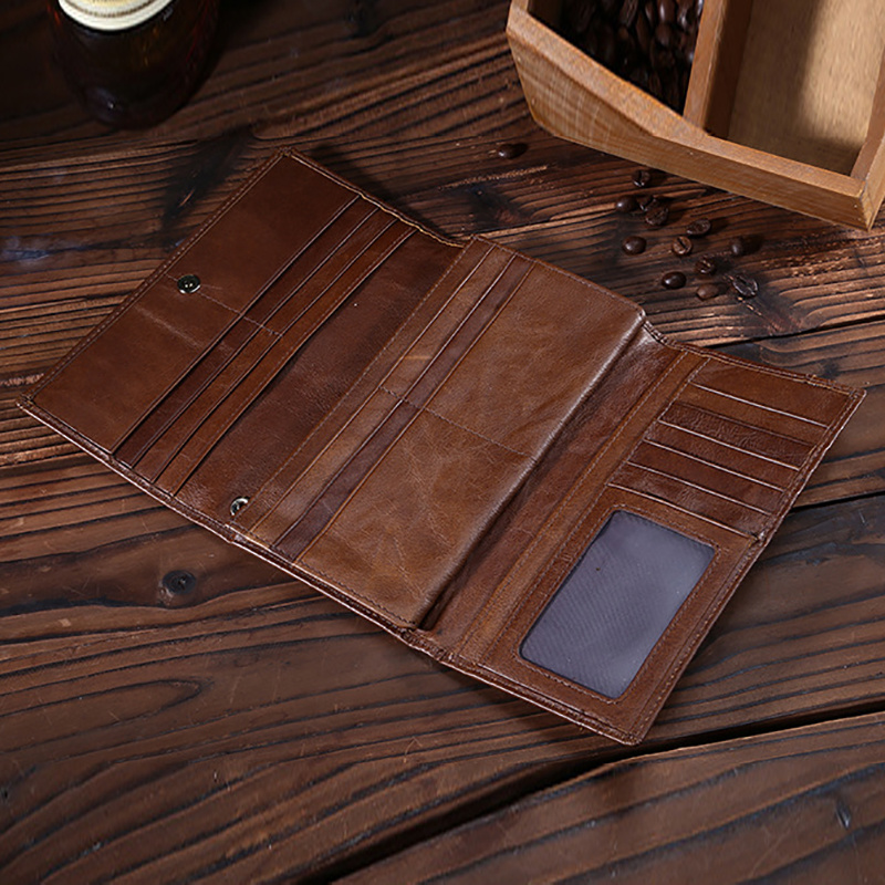 Genuine Leather Men Long Wallet Pocket Credit Card Holder Vintage High Quality Male Clutch Money Coin Bag Oil Wax Cowhide Purse