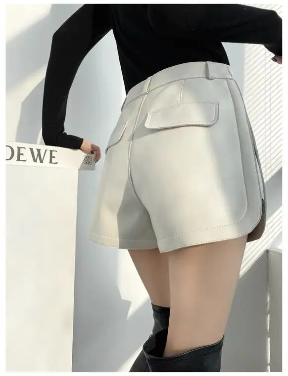 Women's Genuine Leather Wide Leg Shorts: Casual & Sexy Pure White Summer Boots Mini Pants