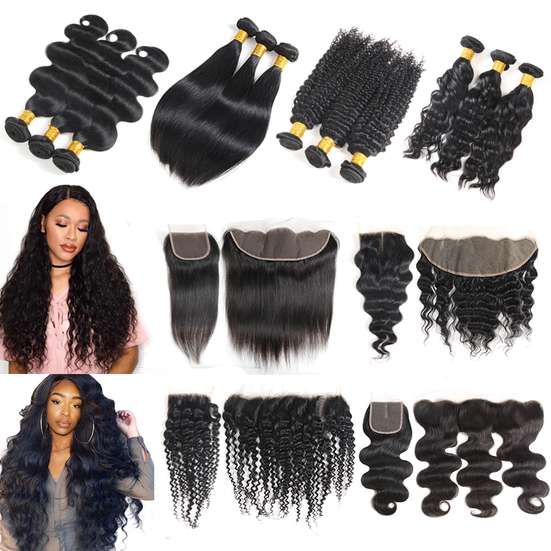 28 30 inches Brazilian Virgin Hair Straight Bundles With lace Closure Frontal Body Deep Wave Human Remy Raw Weave Extensions Black Women Natural Color
