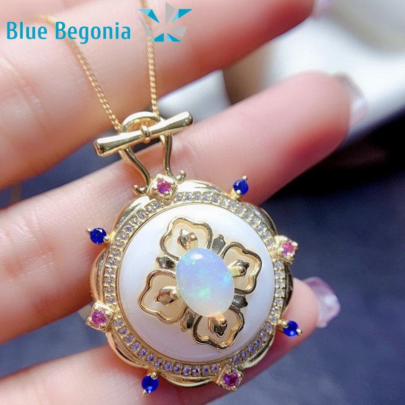 Natural Opal Pendants for Women Anniversary Gift 6*8MM Colorful Gemstones Necklaces 925 Sterling Silver Fine Jewelry