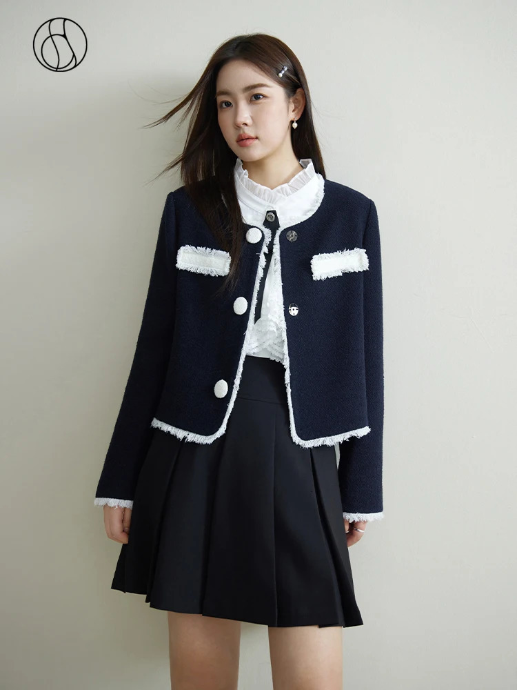 DUSHU Color Blocking Tassel Border Coarse Tweed Jacket For Winter Wool Blend Short Office Lady Women 241111