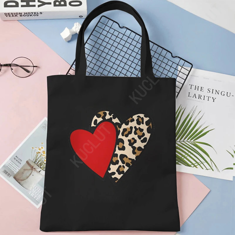 Leopard Heartbeat Graphic Canvas Tote Bag Women Reusable Shopper Vintage Love Fashion Shoulder Beach Handbags 241029
