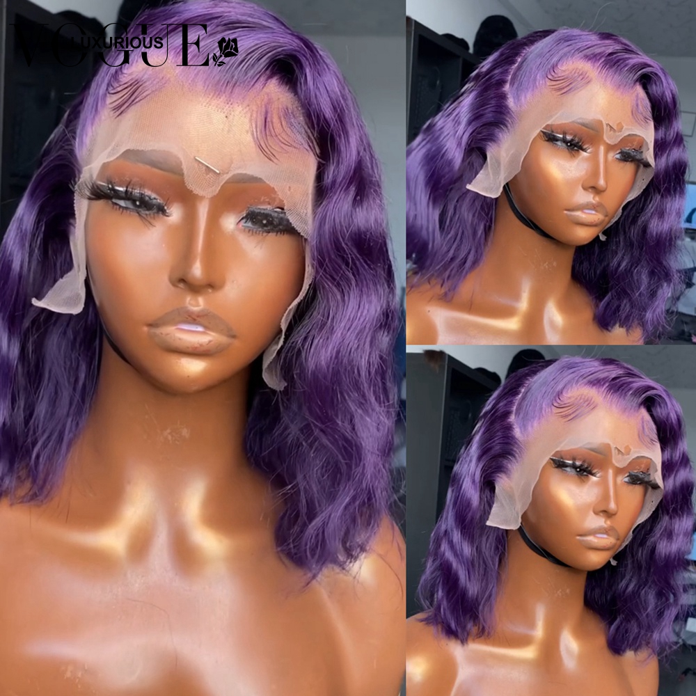Dark Purple Straight Bob Human Hair Wigs for Women 13x4 Transparent Lace Frontal Deep Wave Wig Natural Hairline Curly Short Bob