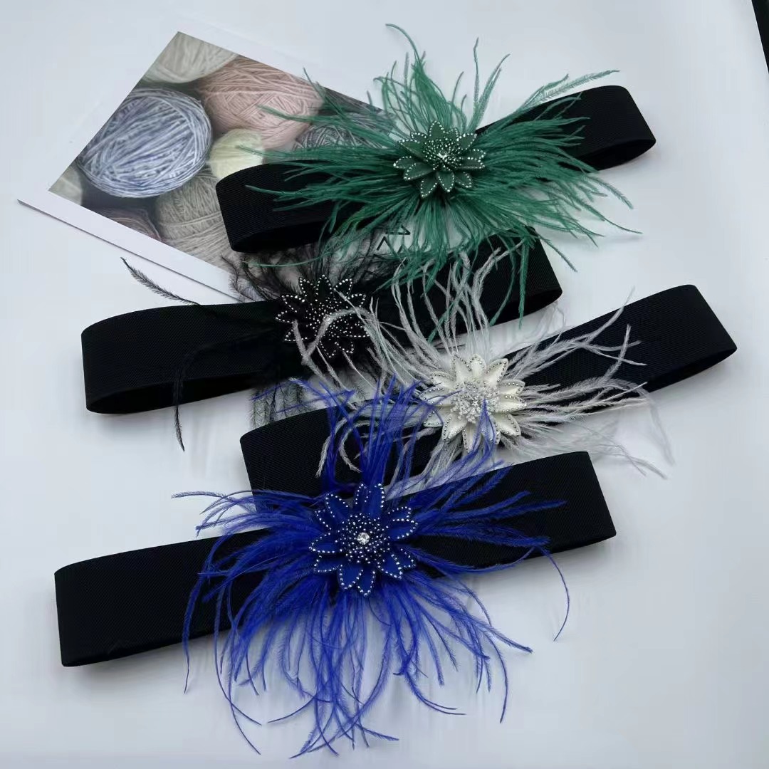 Feather Rhinestone Waist Belt for Women, Shiny Black Elastic Dresses,Floral Ladies Cinch, Band for Formal Events,Parties Band