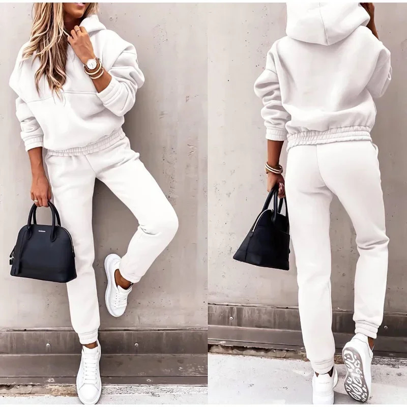 Hoodies Suit Autumn Winter Solid Casual Tracksuit Women Fleece 2 Pieces Set Sports Sweatshirts Pullover Home Sweatpants Outfits 241111