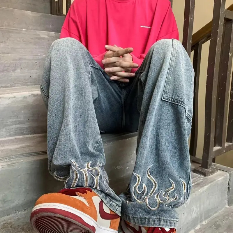 Spring Autumn Mens Jeans Korean Street Men Clothing Hip Hop Casual Skateboarding Pants BLACK JEANS WITH FLAME EMBROIDERY 241111