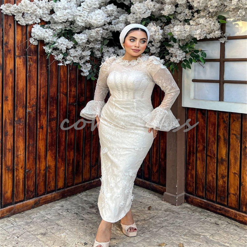Stunning Saudi Arabic Wedding Dresses With Flowers Elegant Lace Mermaid Gatsby Bridal Gown Long Sleeve Turkish Vestio De Novia Charming Short Bride Dr