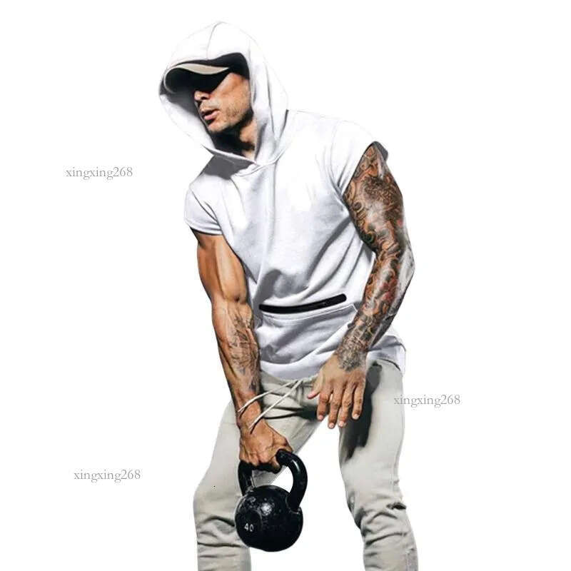 Gyms Clothing Mens Bodybuilding Solid Hooded Tank Top Cotton Sleeveless Vest Sweatshirt Fitness Workout Sportswear Tops Male Men's T-Shirts