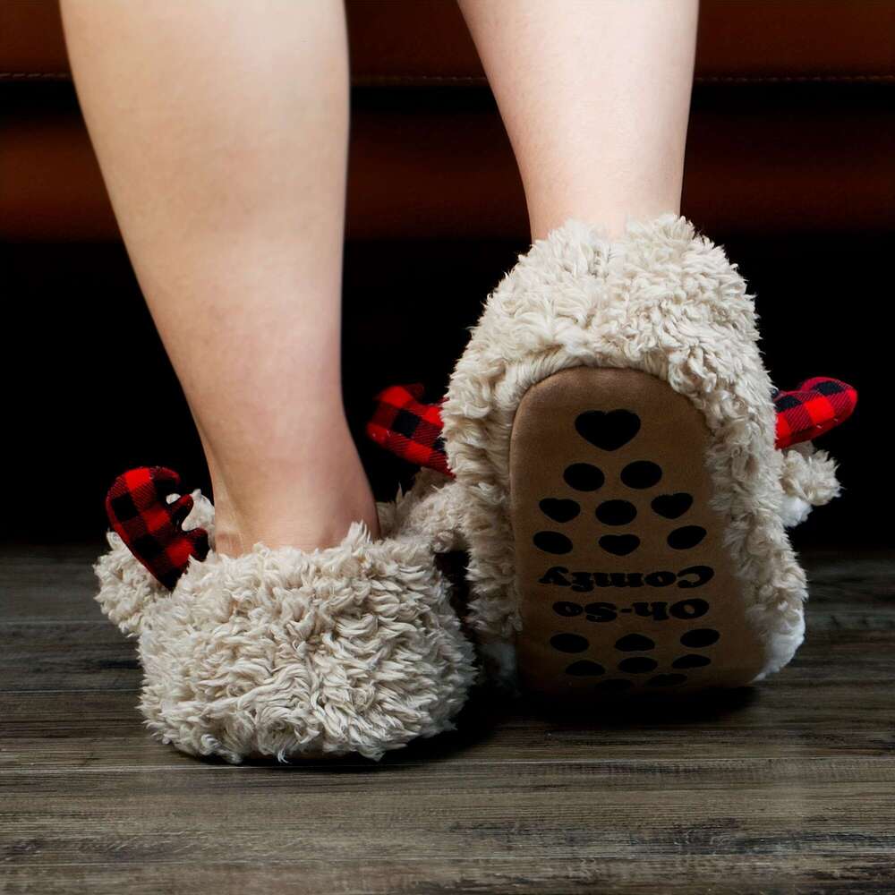 Christmas Comfortable Plush ed Cute Reindeer Design Slippers, Casual Slip On Shoes for Indoor Home Christmas
