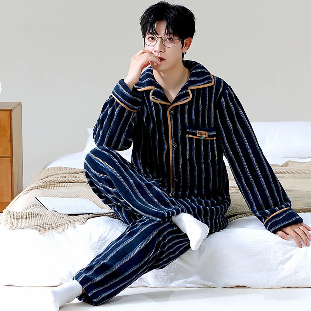 Mens Winter Thicken Flannel Plus Plush Double Warm Sleepwear 3XL Big Size Pajamas Casual Comfortable Soft Sriped Pajama Sets 241111