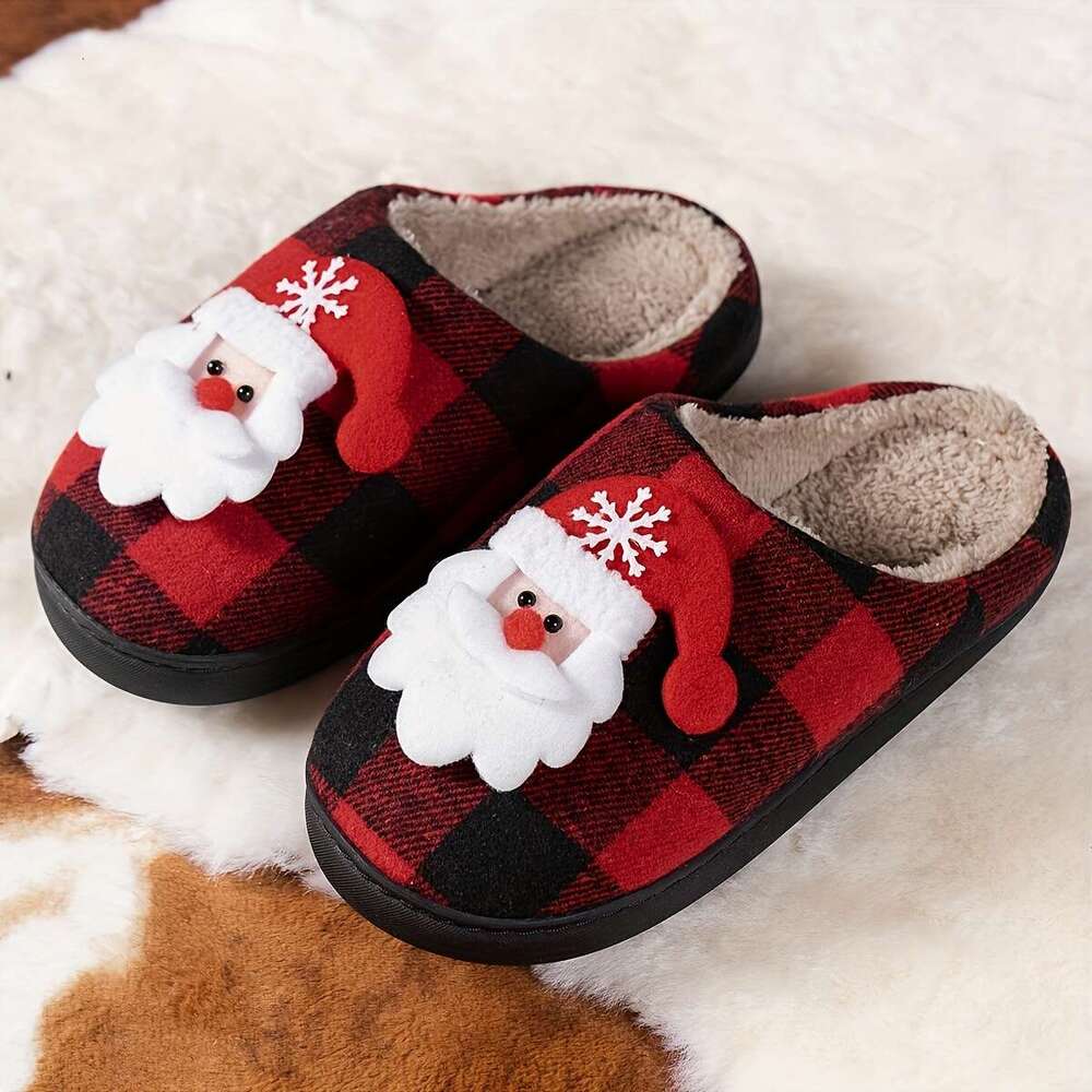 Christmas Christmas Plaid Slippers Women - Cozy Casual Fabric House Shoes with Soft Warm TPR Sole, Non-Slip, Hand Washable, Plush Interior, Unisex for