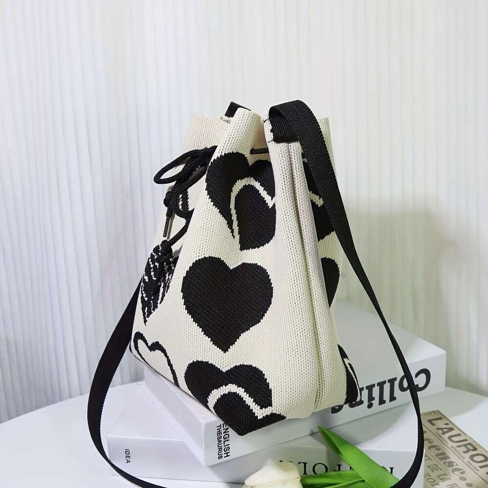 Fashion Mini Classic Heart Pattern Bucket Drawstring Shoulder Bag, Casual All-Match Handbag .
