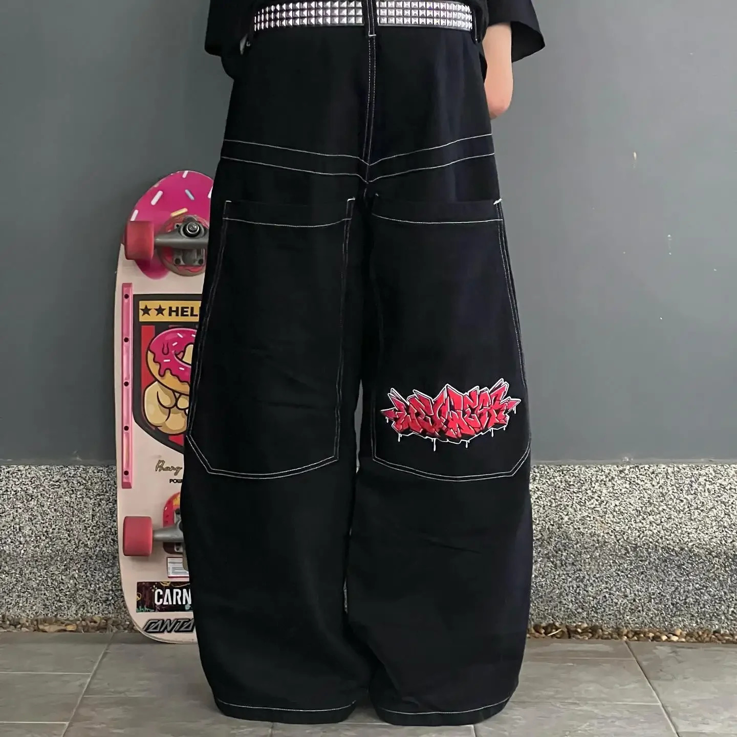 Retro High Waist Wide Graphic Embroidered Baggy Jeans Hip Hop Streetwear Y2K Men Women Gothic Trouser Harajuku Black Pants 241111
