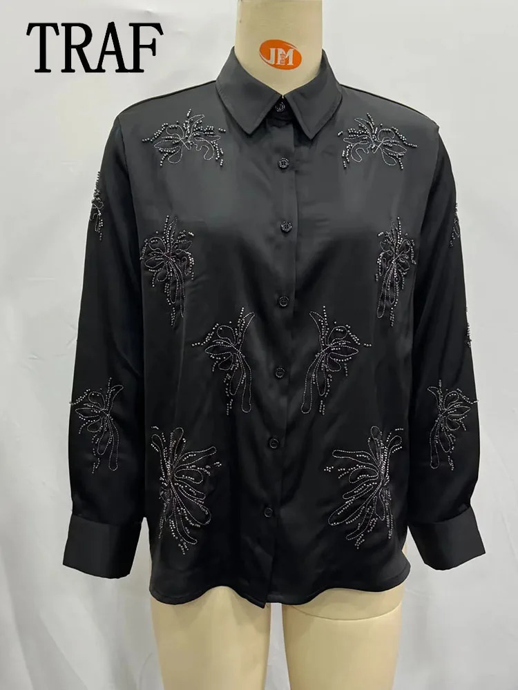 TRAF Women Outfit Fashion Embroidery Long Pants Sets For Single Breasted Sleeve Shirt Suit 241108