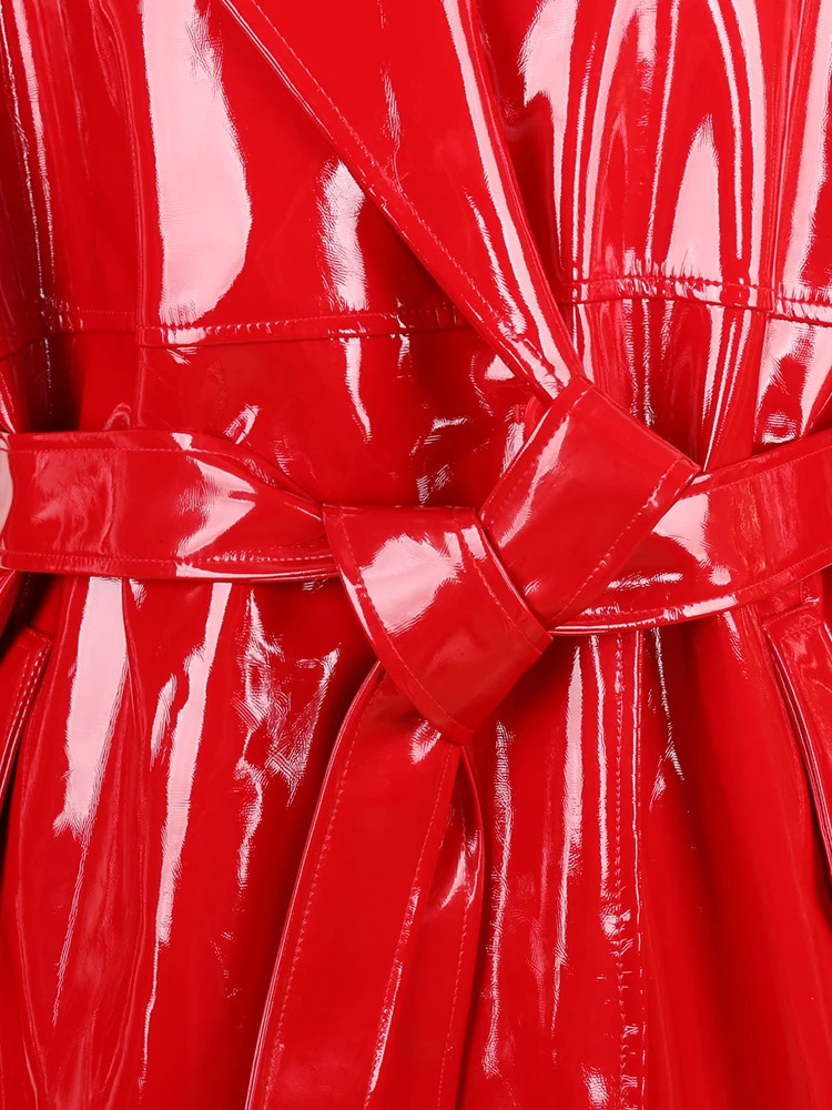 Blue and Black Legion Spring and Autumn Long Gloss Reflective Red Artificial Patent Leather Trench Coat Womens Loose Casual Runway Fashion 241107