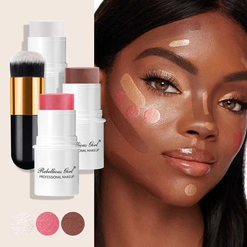 Blush Contour Highlighter Stick for Cheeks Eyes Lip Lightweight Dewy Finish Blush Stick Contour Natural Blusher Stick Makeup SetXJ241111