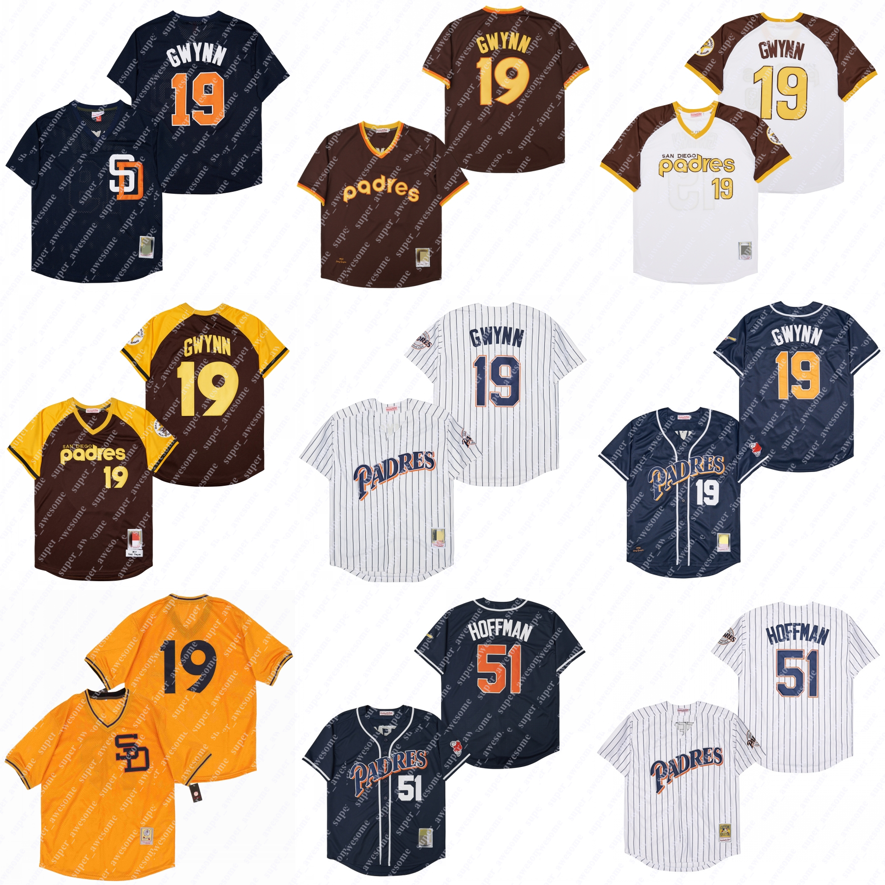 19 Tony Gwynn Jersey 51 Trevor Hoffman 1998 White Navy Baseball Jerseys Stitched