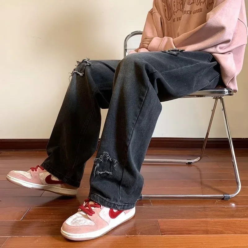 Mens Star Embroidered Ripped Baggy Jeans High Street Straight Denim Pants Autumn Hip Hop Fashion Y2K Vintage Jean Trousers 241111