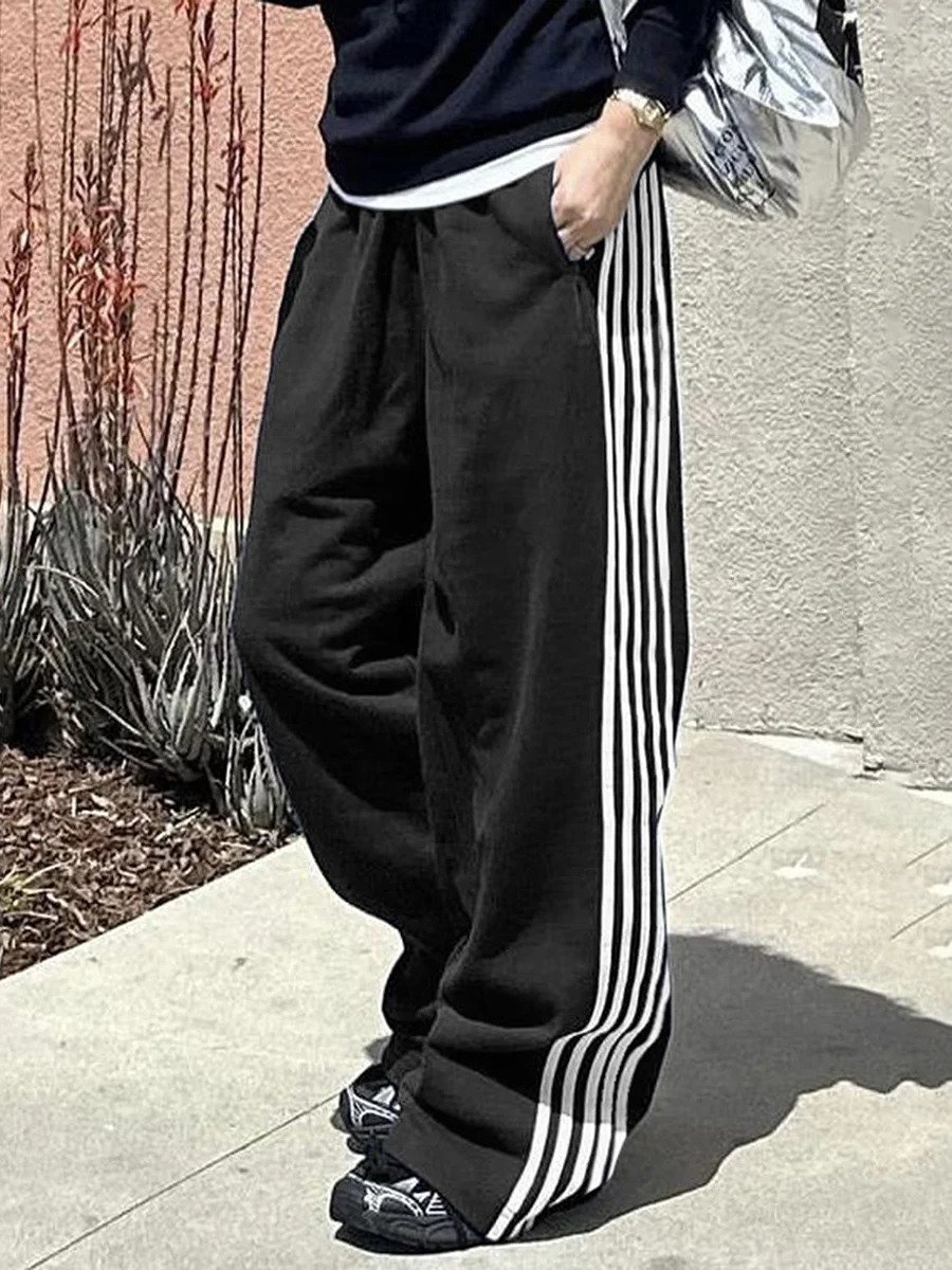 Women Y2k Wide Leg Track Pants Baggy Side Striped Joggers Sweatpants Elastic Waist Color Block Parachute with Pockets 241108